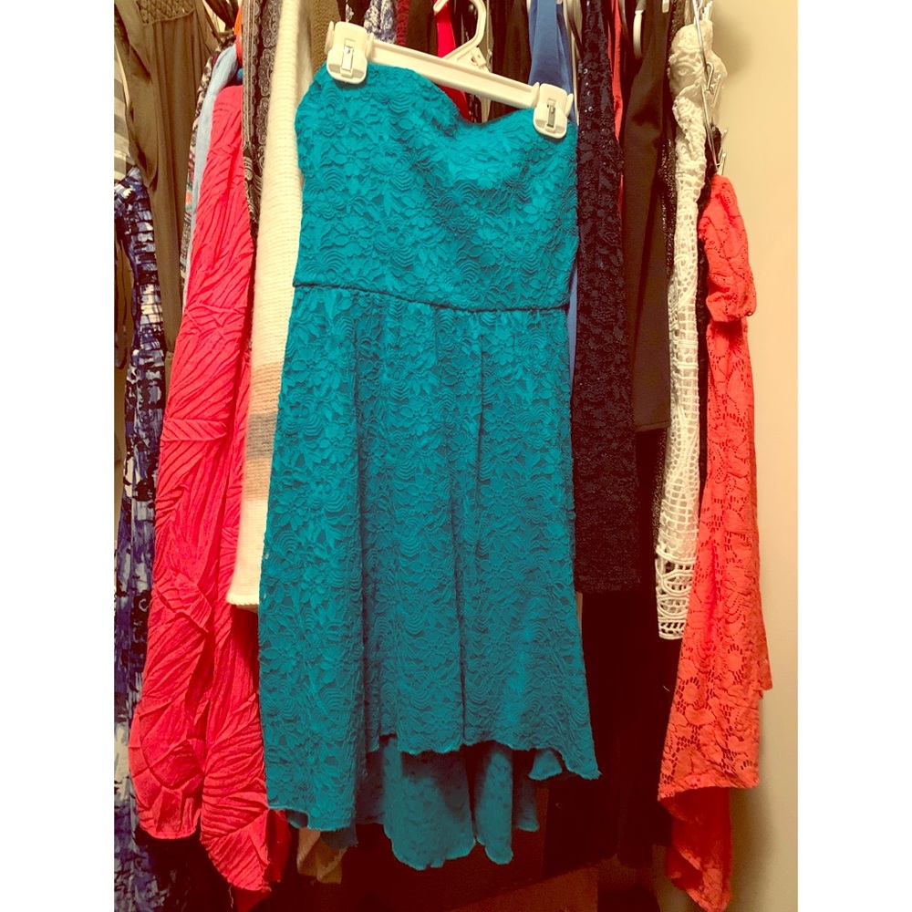 Teal Lace Strapless Dress